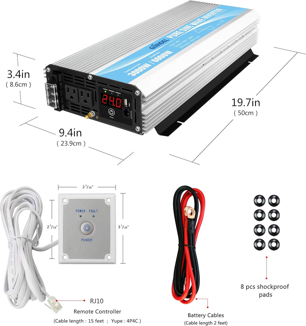 24V 3000Watt Pure Sine Wave Power Inverter DC to AC120V with Dual AC Outlets Remote Control USB LED Display J1199
