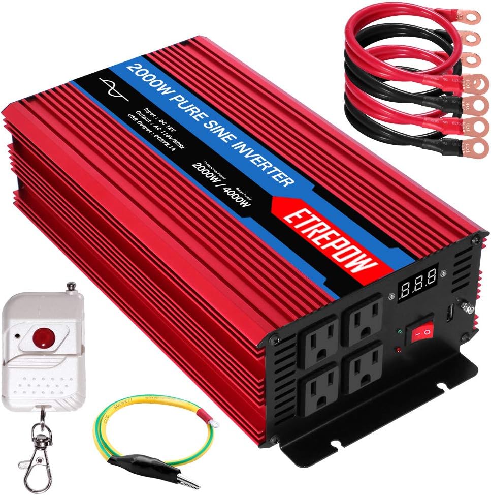 2000 Watt Pure Sine Wave Power Inverter 12V DC to 110V AC Wireless Remote Control K59838