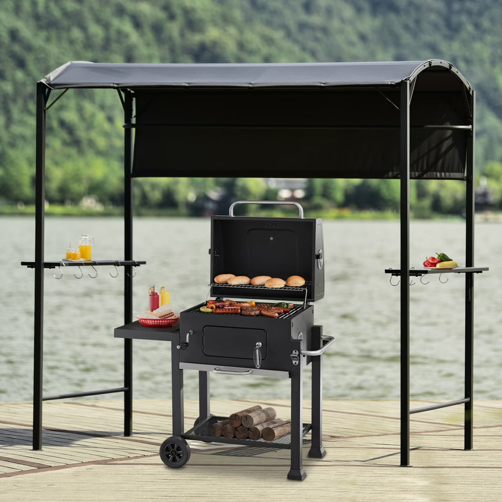 7FT Grill Gazebo BBQ Canopy with Sun Shade Panel Side Awning, 2 Exterior Serving Shelves Bar Counters, 10 Hooks I5961