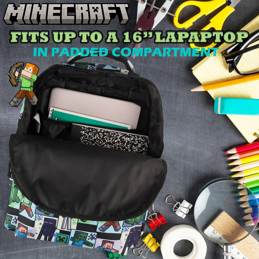 Minecraft Backpack with Front Zip Pocket, Adjustable Padded Mesh Straps, 16 Inches E417187