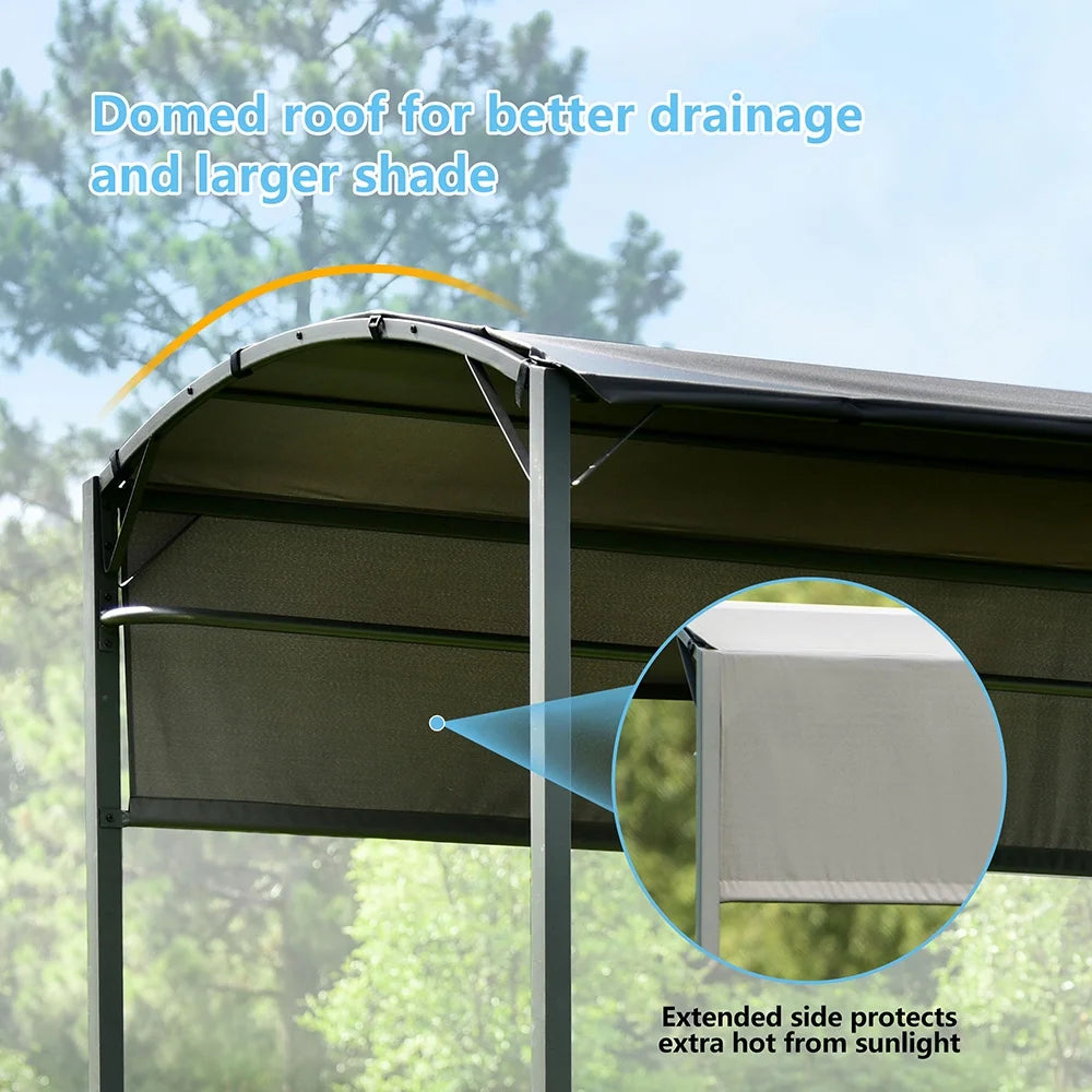 7FT Grill Gazebo BBQ Canopy with Sun Shade Panel Side Awning, 2 Exterior Serving Shelves Bar Counters, 10 Hooks I5961