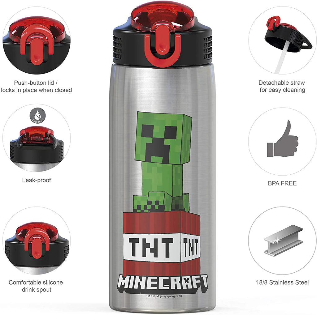 27oz Minecraft Stainless Steel Water Bottle with Flip-up Straw Spout and Locking Spout Cover L960740