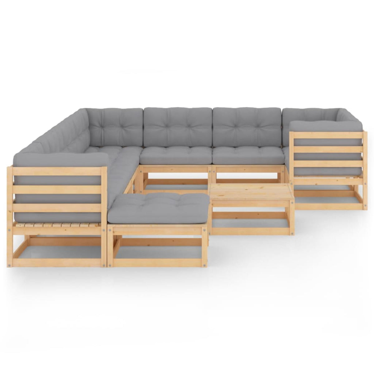 11 Piece Gray Cushioned Pinewood Outdoor Sectional Sofa Set G79459