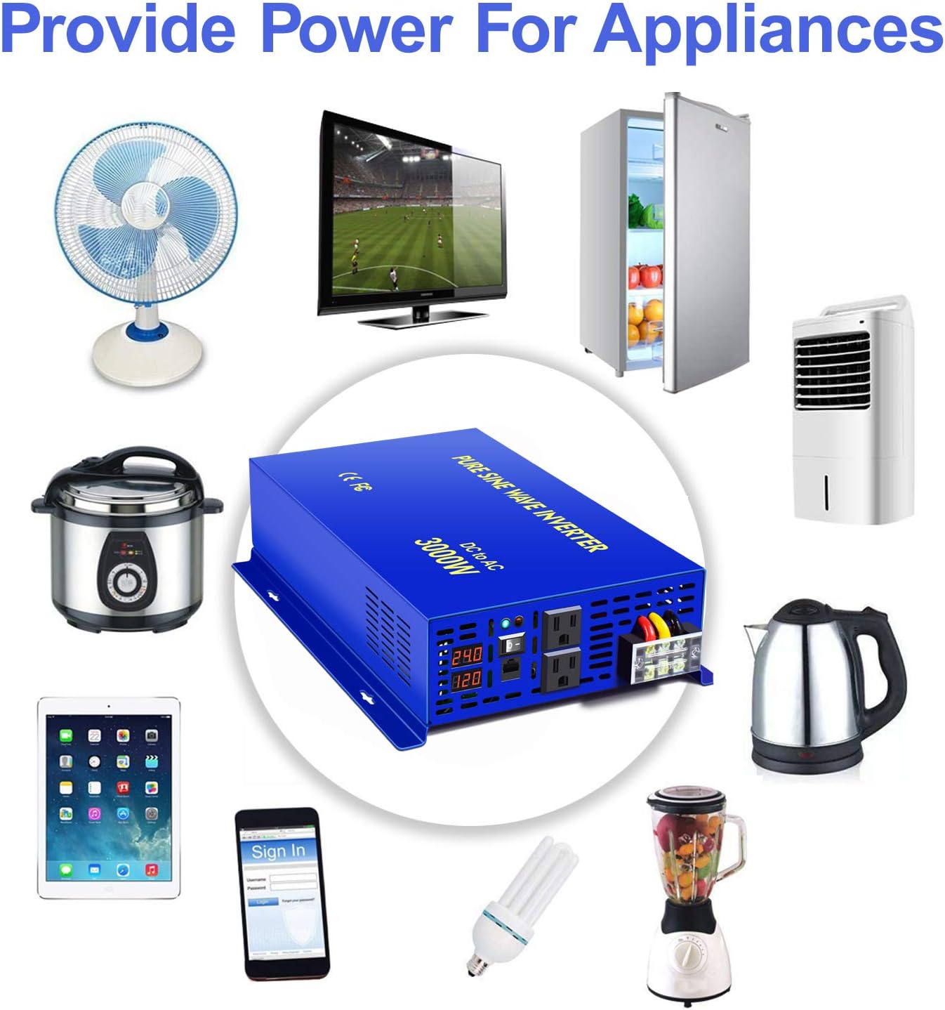 3000W Pure Sine Wave Power Inverter 24V DC to AC 120V with 15ft Cable Remote Switch Controller S93050