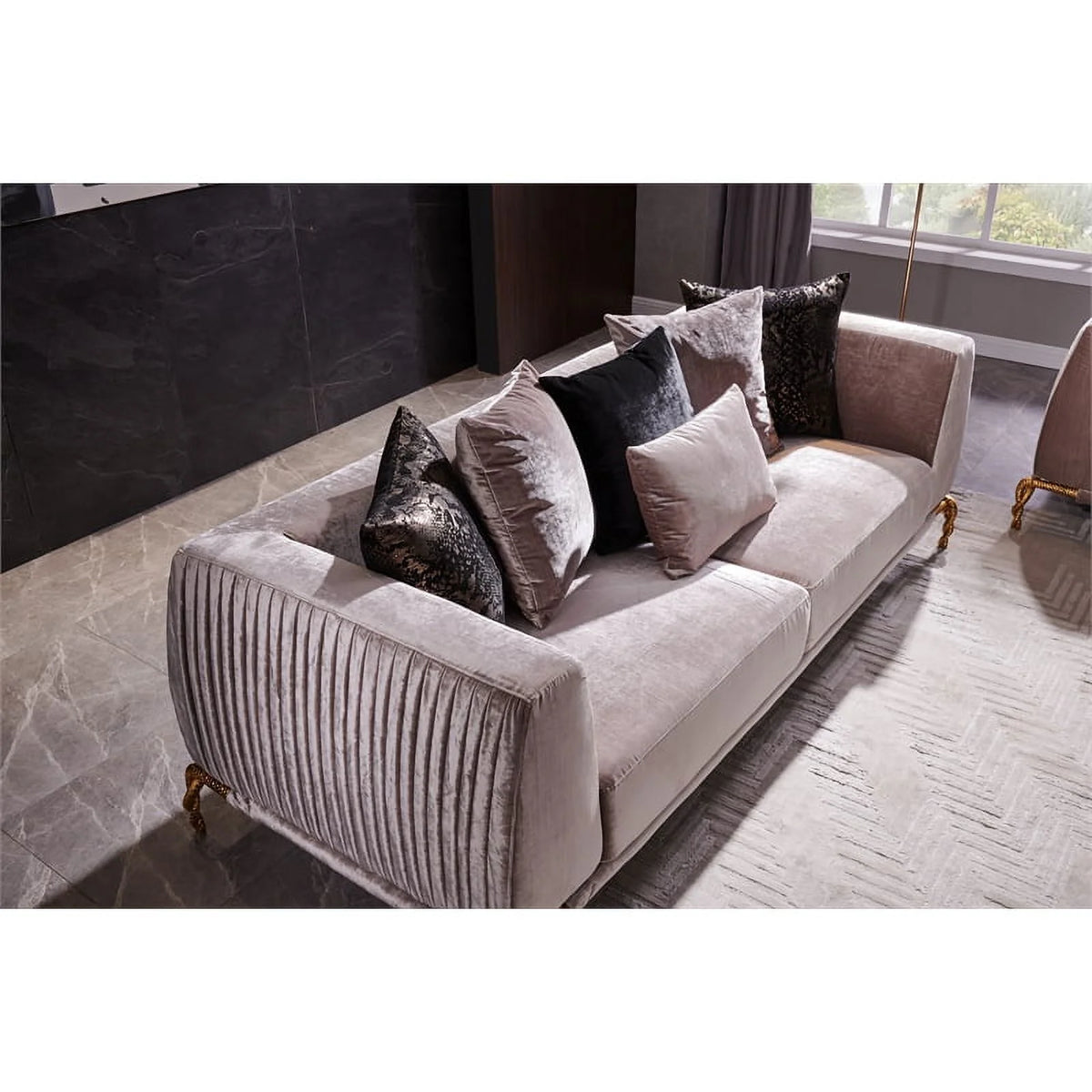 Ivory Velvet 2PC Living Room Set with Wood Q70114