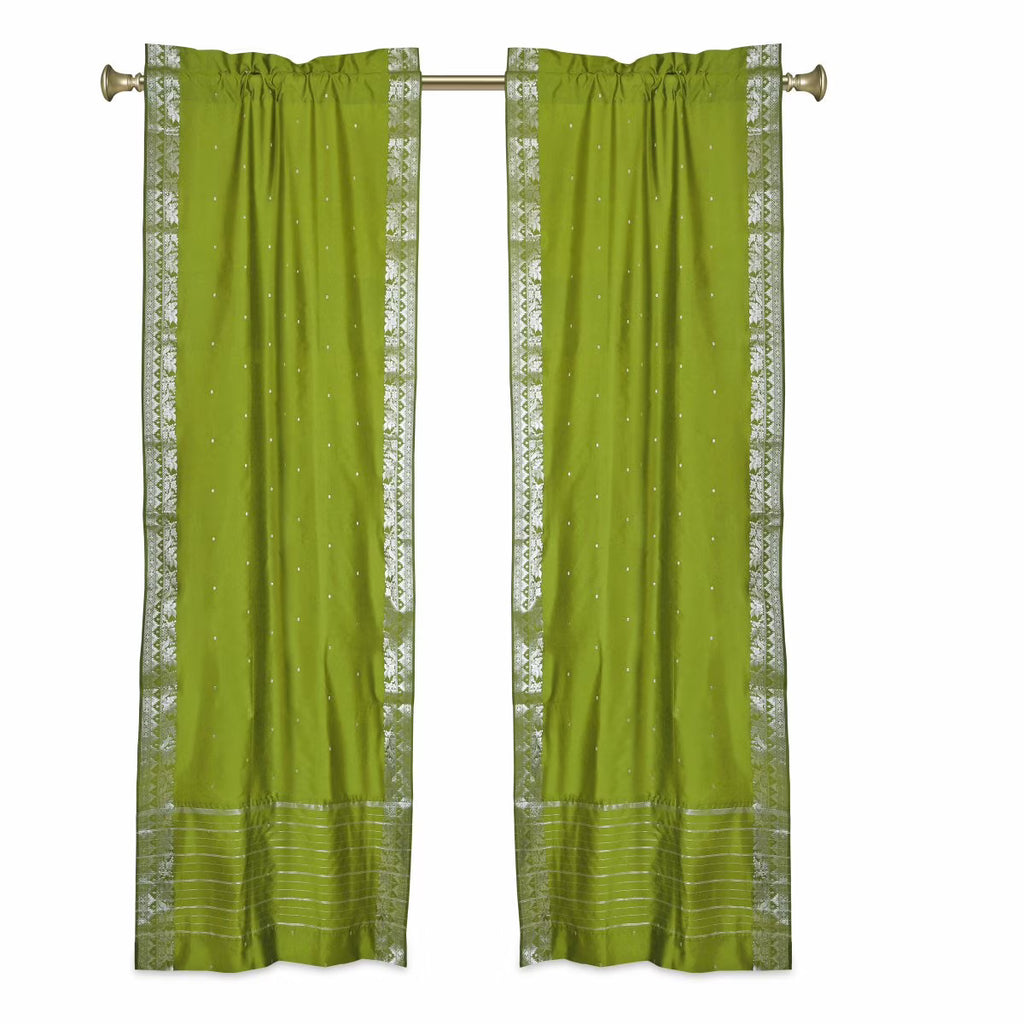 Olive Green Sheer Sari Cafe Curtains with Silver Border, 43W x 24L, Pair P93717