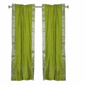 Olive Green Sheer Sari Cafe Curtains with Silver Border, 43W x 24L, Pair P93717