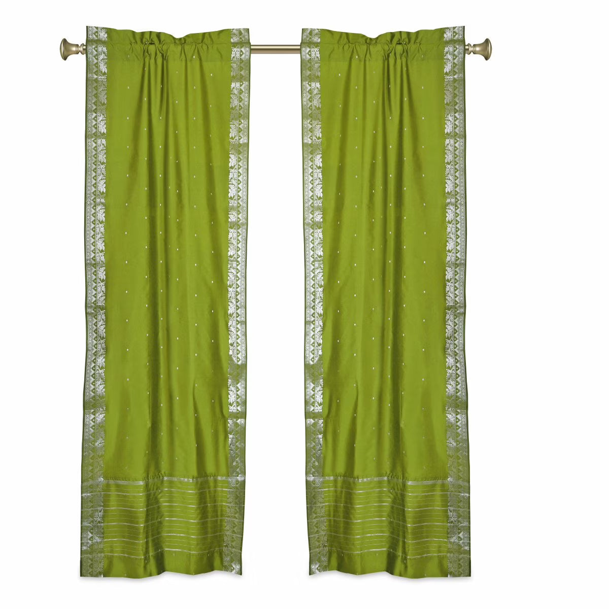Olive Green Sheer Sari Cafe Curtains with Silver Border, 43W x 24L, Pair P93717