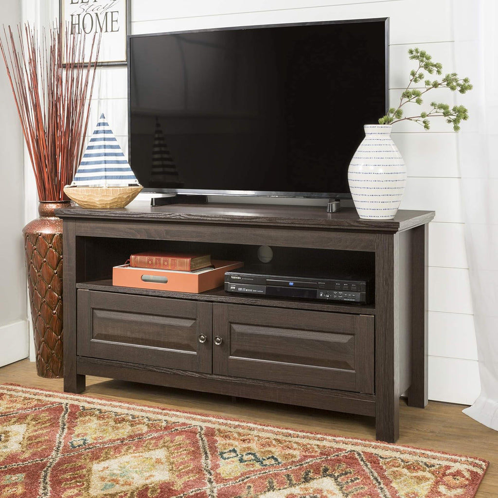 Black 42 Inch Wood TV Stand with Cabinet Doors and Open Shelves D5301