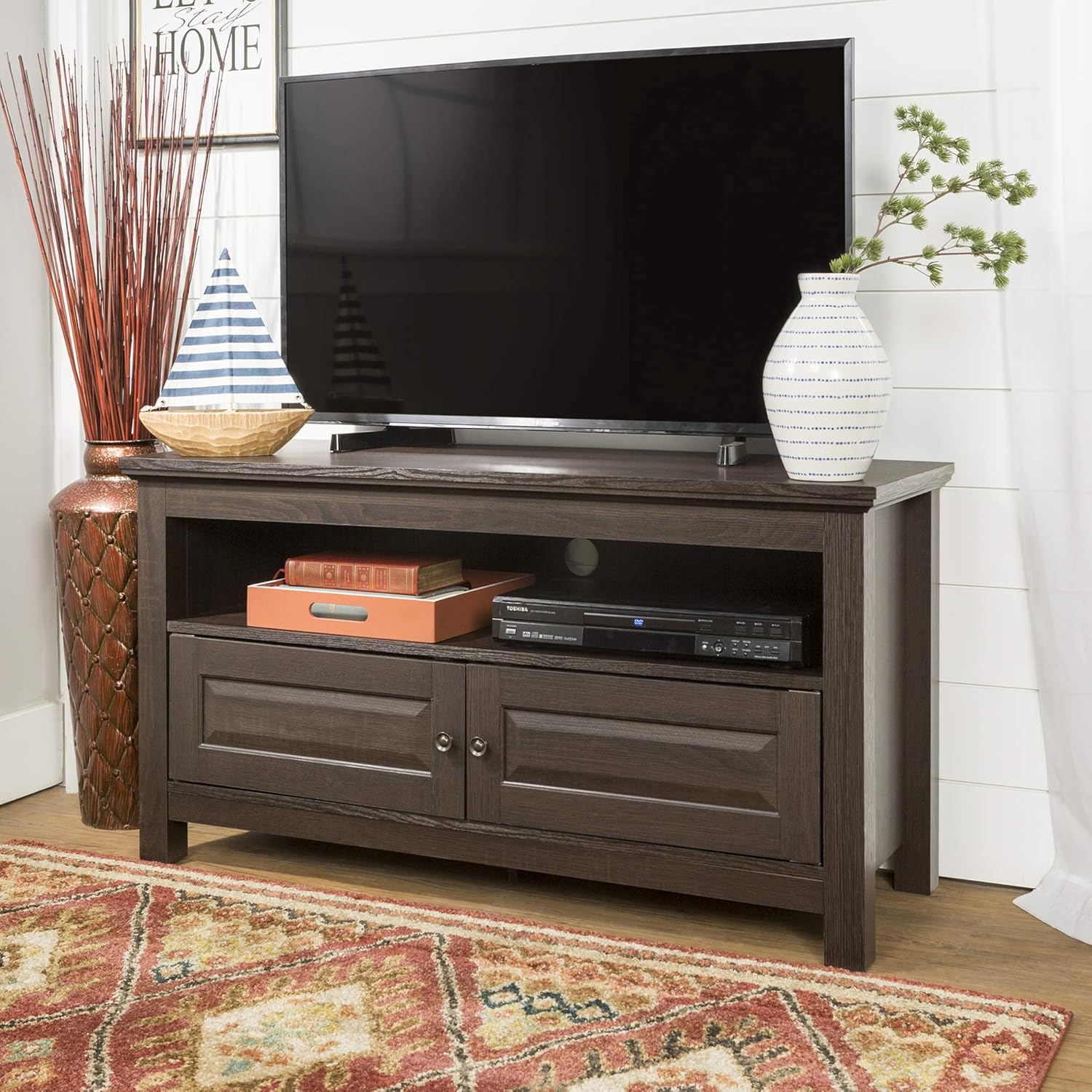 Black 42 Inch Wood TV Stand with Cabinet Doors and Open Shelves D5301