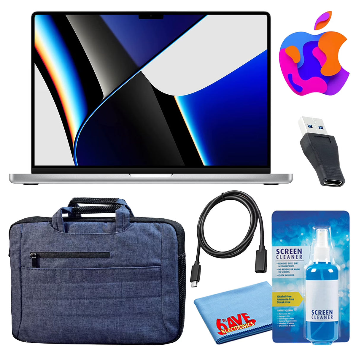 Refurbished MacBook Pro 14" Laptop, M1 Pro, 8 Core CPU, 14 Core GPU, 16GB RAM, 512GB SSD, Silver, Blue Bag U926332
