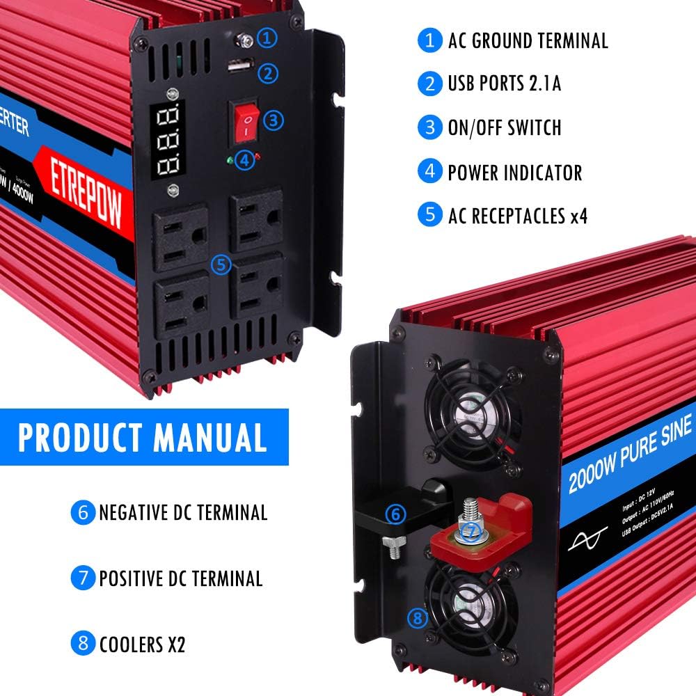 2000 Watt Pure Sine Wave Power Inverter 12V DC to 110V AC Wireless Remote Control K59838