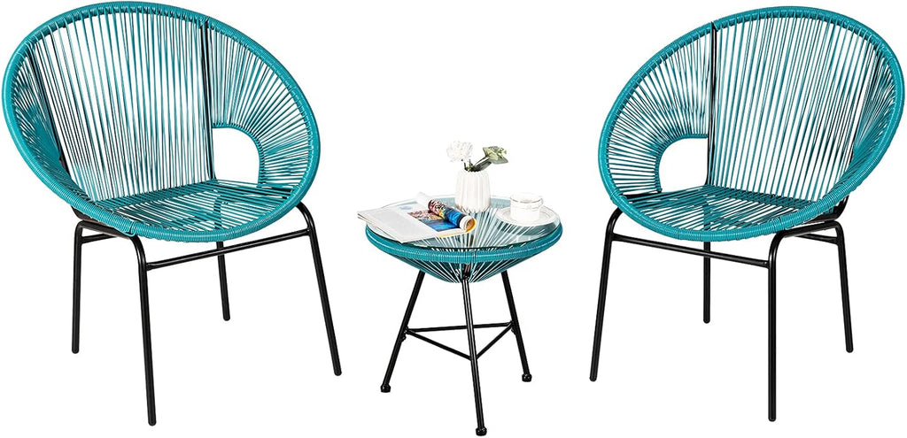 3 Piece Turquoise Outdoor Patio Furniture Set with Plastic Rope and Tempered Glass Table D4296