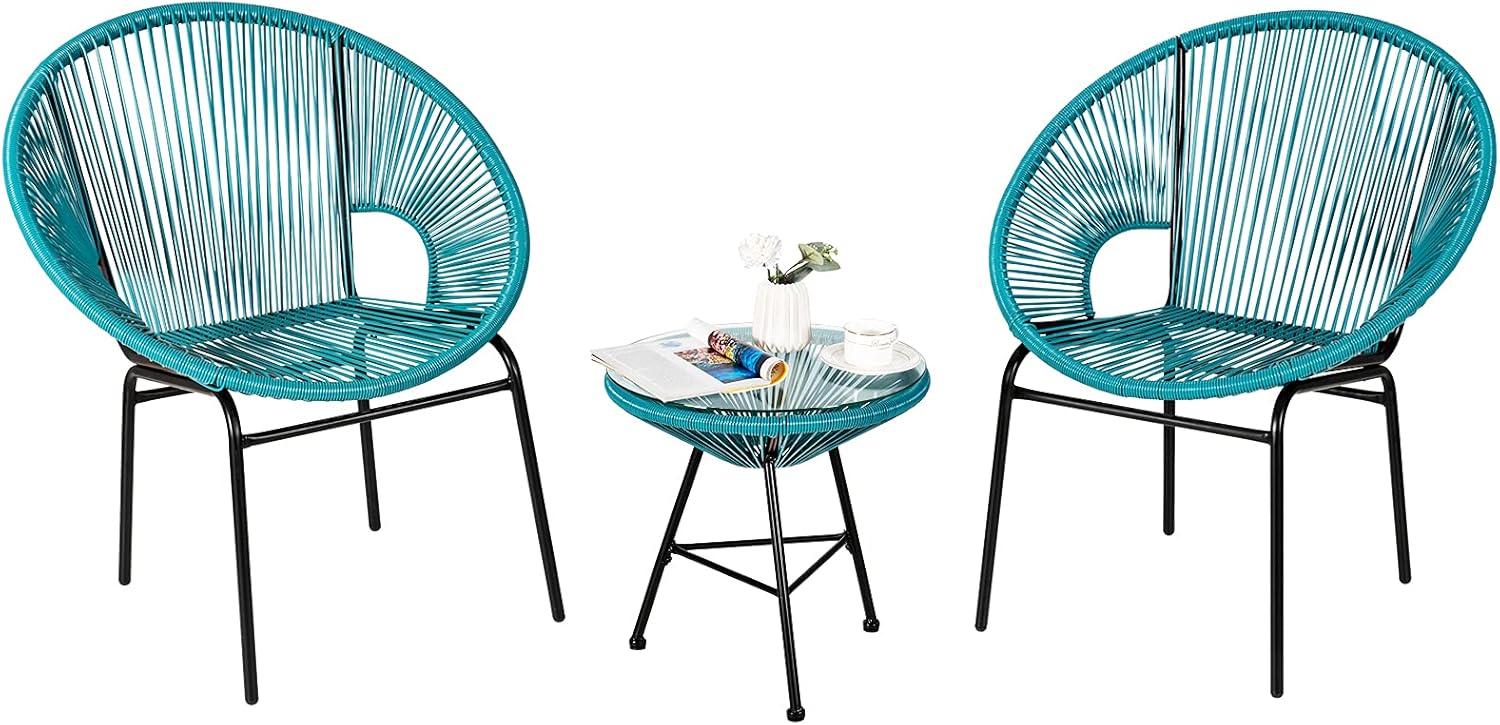 3 Piece Turquoise Outdoor Patio Furniture Set with Plastic Rope and Tempered Glass Table D4296