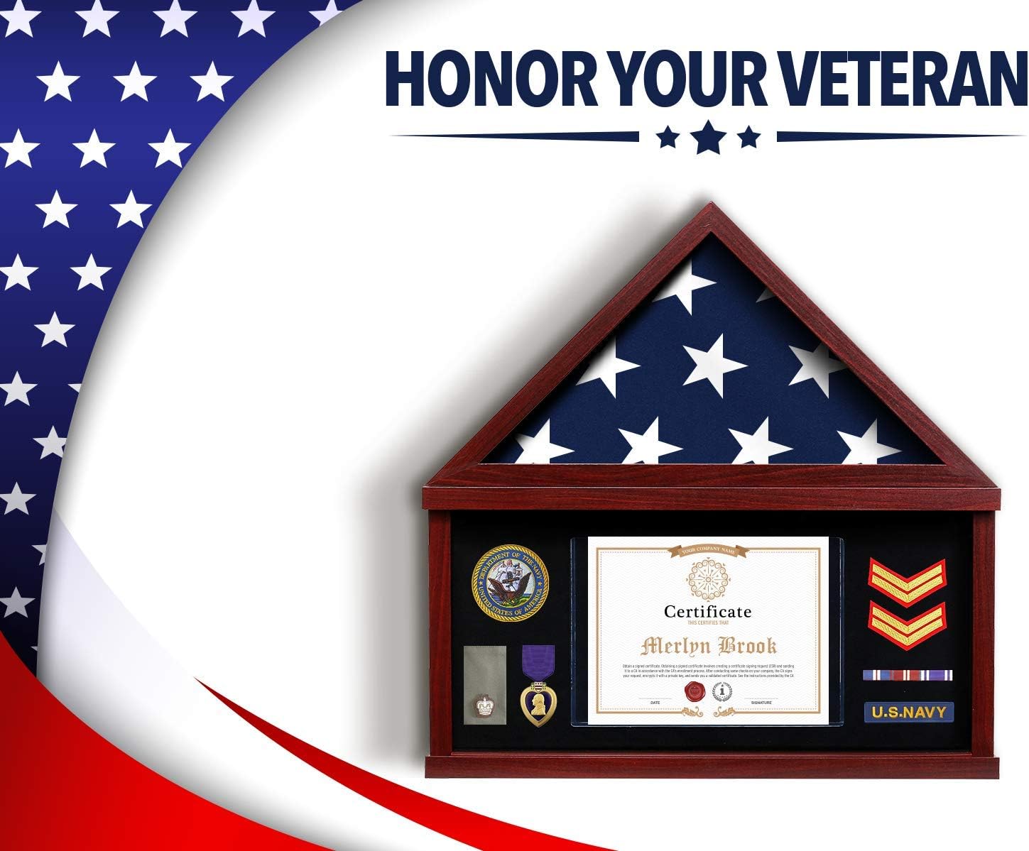 Mahogany Frame Flag Display Case for Burial Flag with Felt Lining E5300