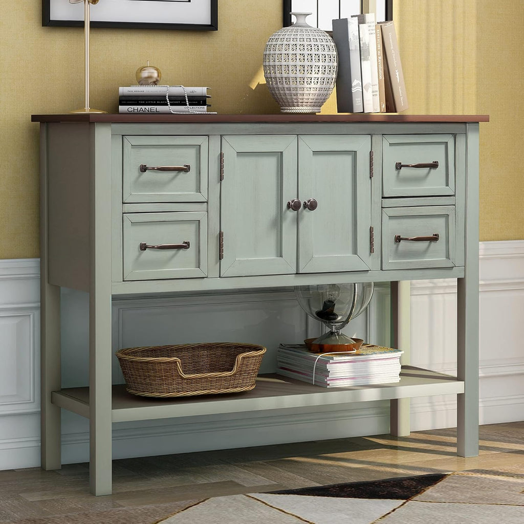 Green Console Table Buffet Sideboard with Storage Drawers Cabinets and Bottom Shelf D604154