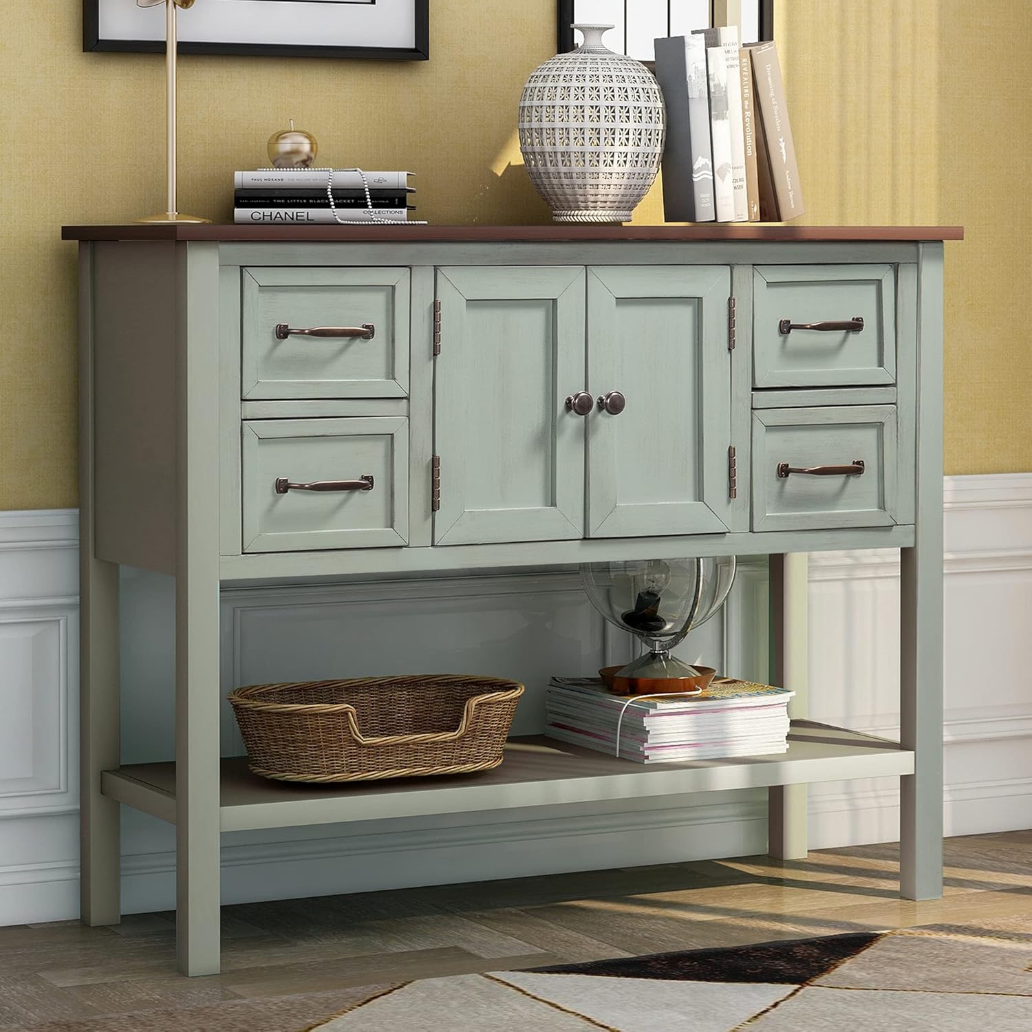 Green Console Table Buffet Sideboard with Storage Drawers Cabinets and Bottom Shelf D604154