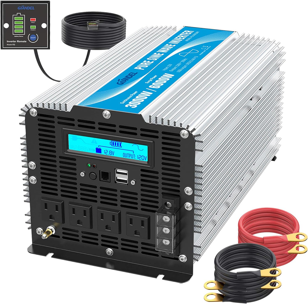 24V 3000Watt Pure Sine Wave Power Inverter DC to AC120V with Dual AC Outlets Remote Control USB LED Display J1199
