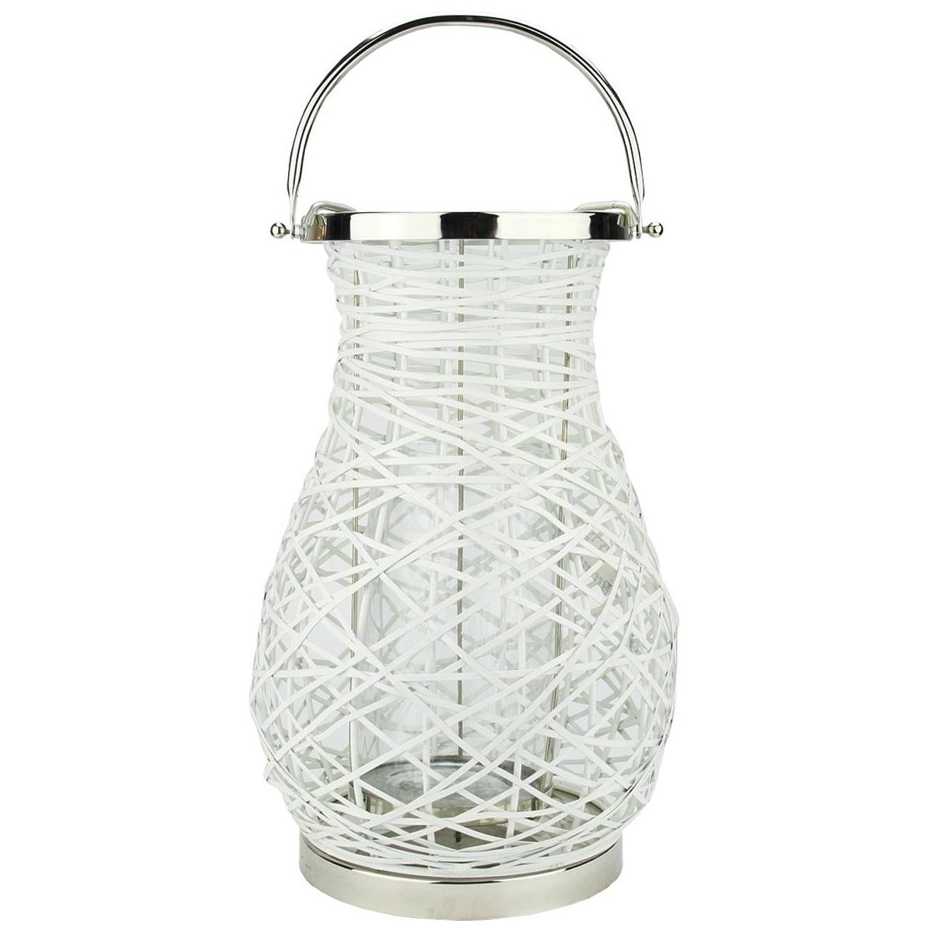 White Woven Iron Pillar Candle Lantern with Glass Hurricane A37741