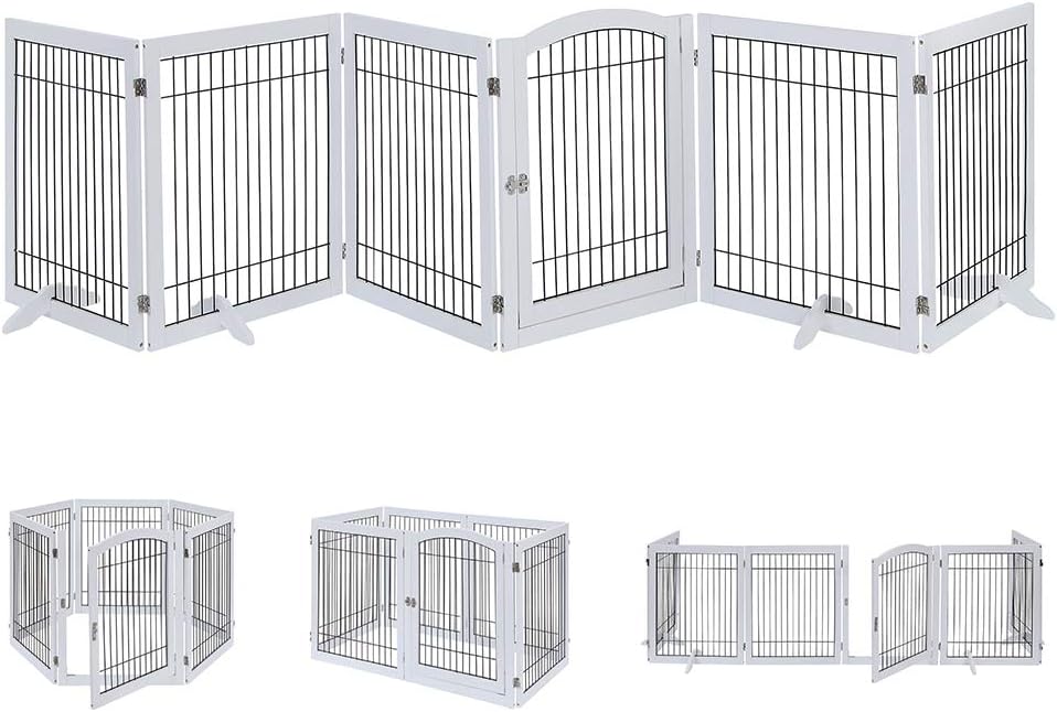 6 Panels Extra Wide Freestanding Walk Through Dog Gate with 4 Support Feet Pet Playpen P412285