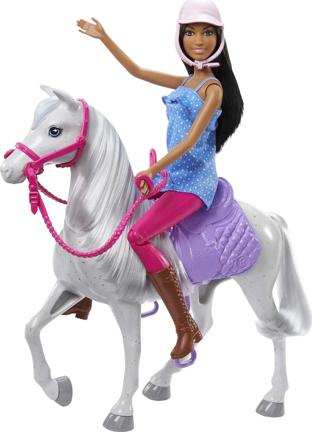 Barbie Doll & Horse Set with Brunette Doll, White Horse, Saddle, Bridle & Reins V302560