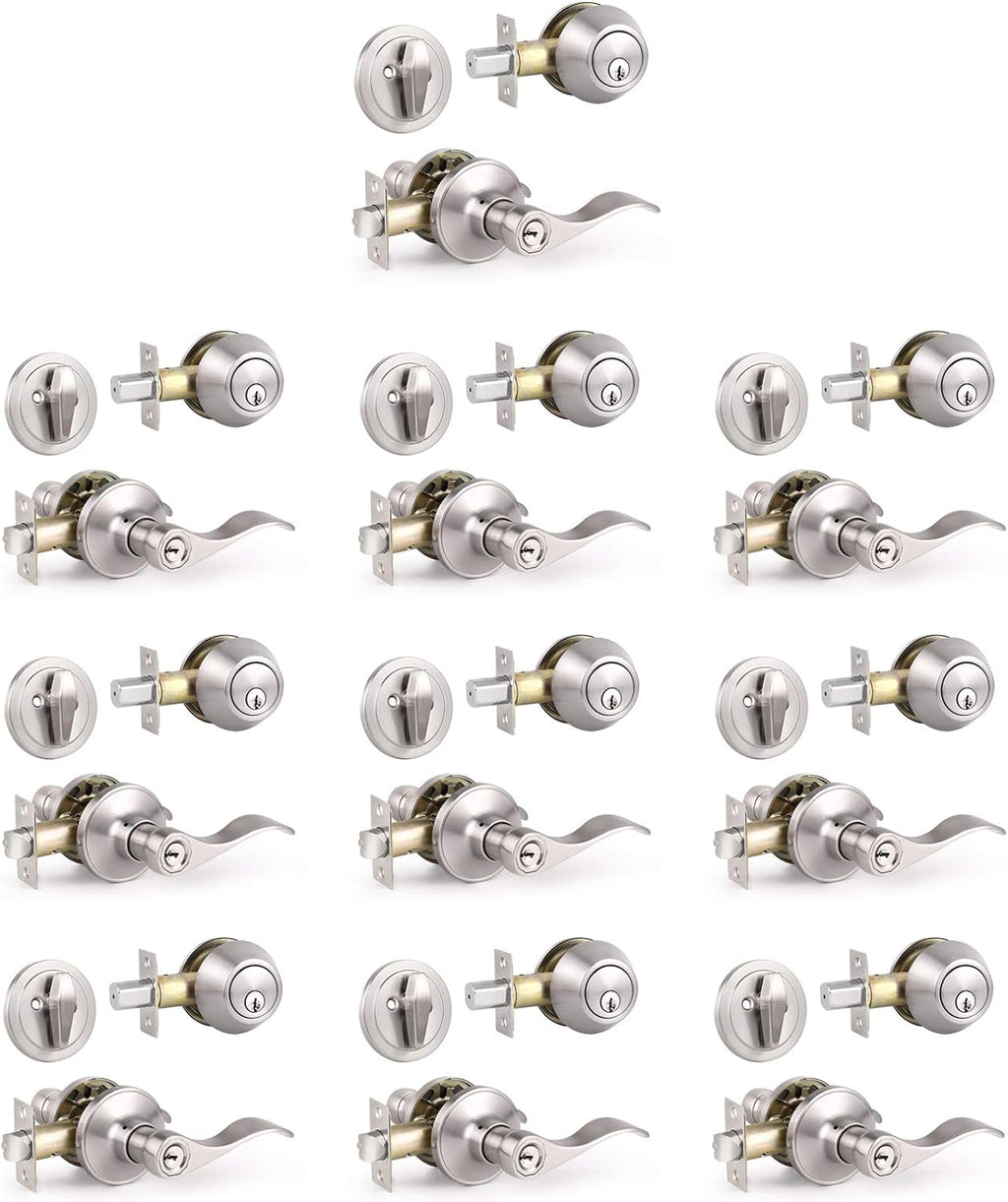 5 Pack Keyed Alike Entry Door Handles Knob with Double Cylinder Deadbolt, Satin Nickel Finish Door Lockset Q8314