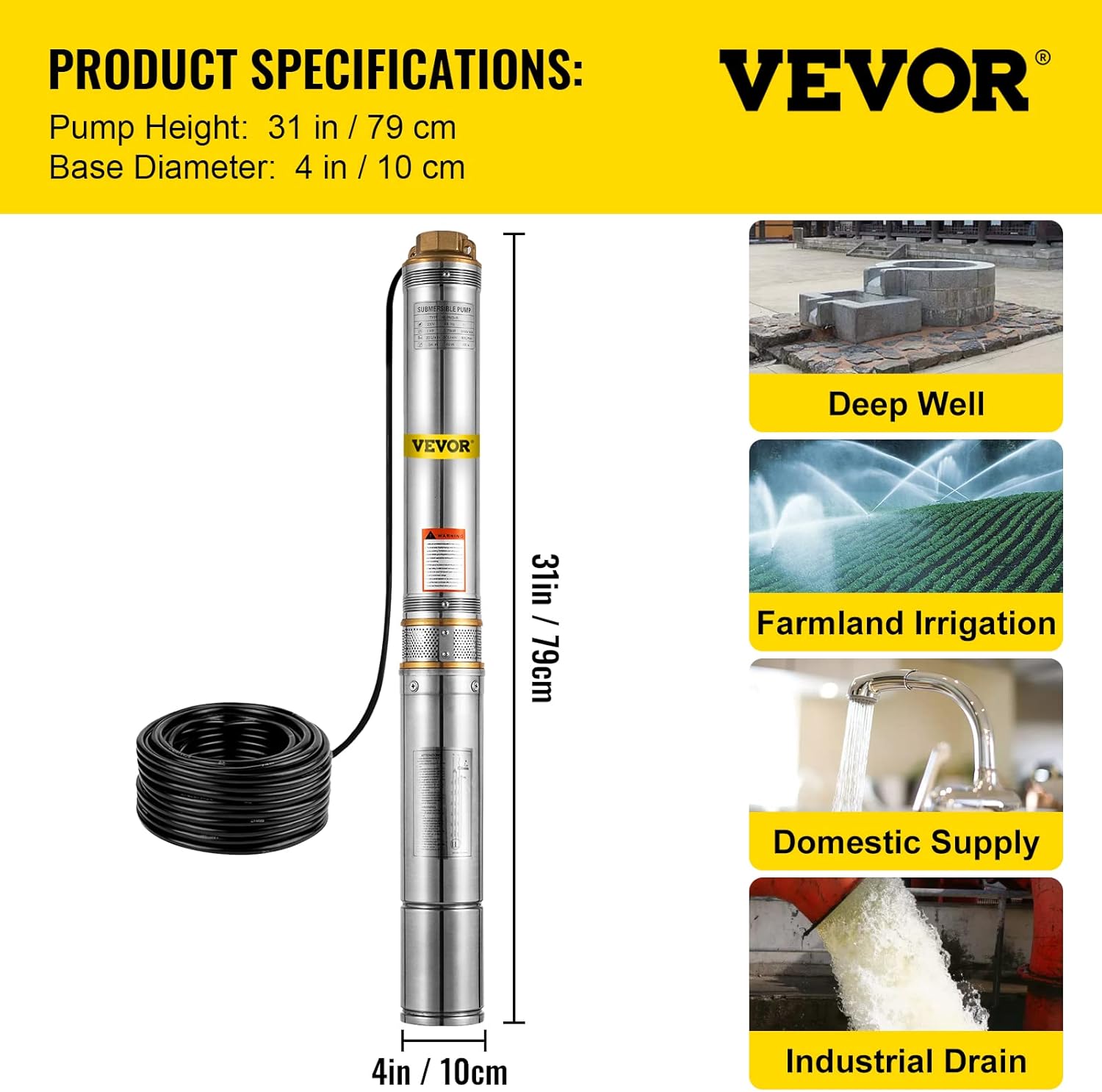 1 HP 33GPM 207ft Head Submersible Stainless Steel Well Pump H593418