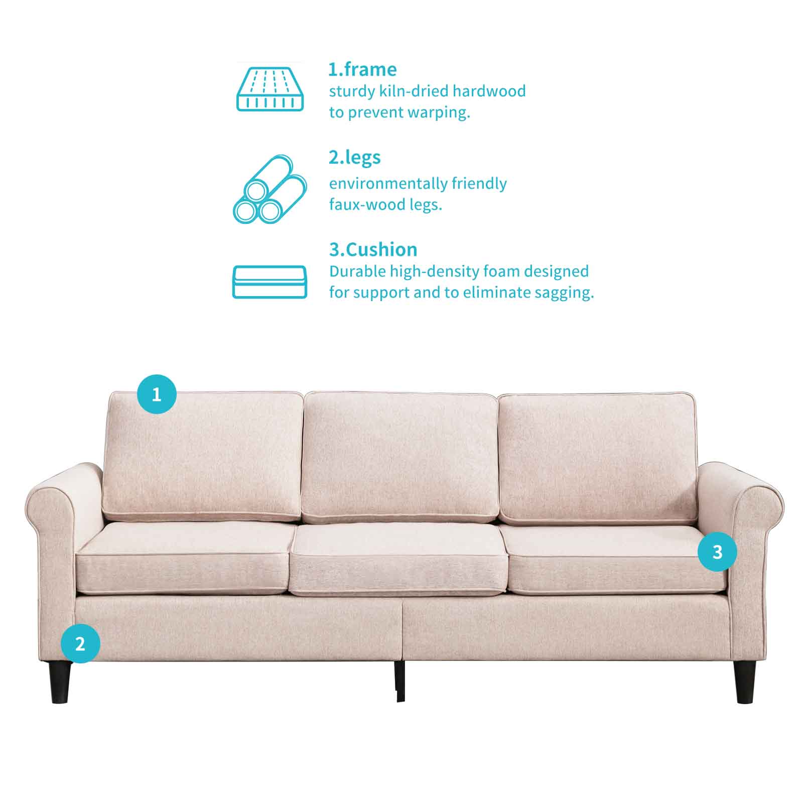 Linen Upholstered 3-Seater Sleeper Sofa with Cushion Q2808