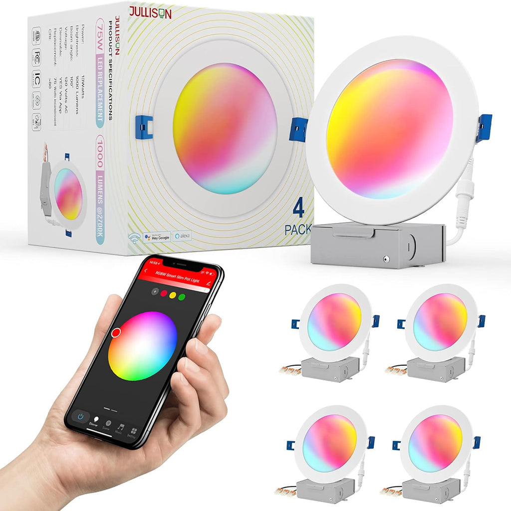 6 LED Smart Slim Recessed Pot Light, WiFi APP & Voice Control, 120VAC, 13W, 1000LM, RGB + 2700K-6000K, Wet Location, White - 4 Packs Pack of 2 G16851