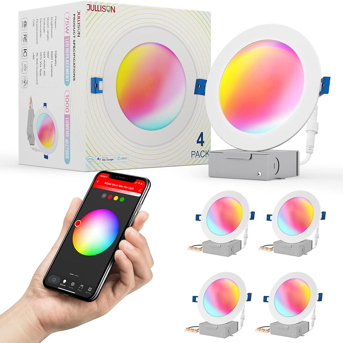 6 LED Smart Slim Recessed Pot Light, WiFi APP & Voice Control, 120VAC, 13W, 1000LM, RGB + 2700K-6000K, Wet Location, White - 4 Packs Pack of 2 G16851