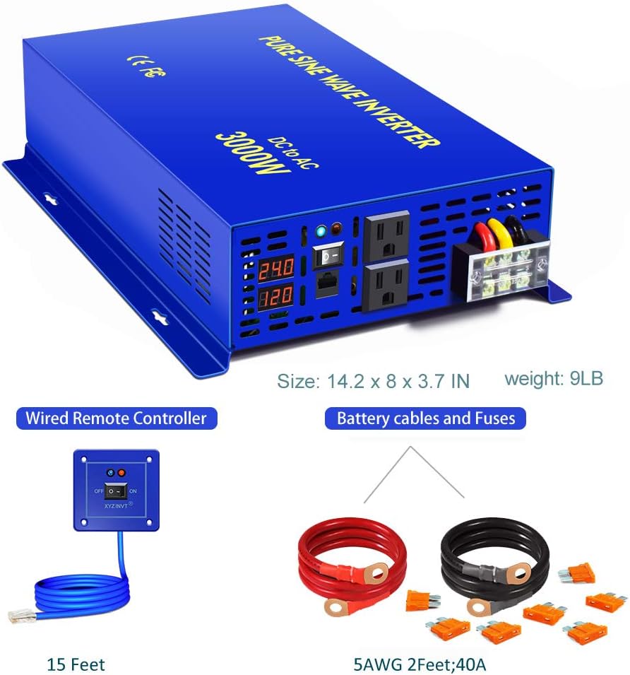3000W Pure Sine Wave Power Inverter 24V DC to AC 120V with 15ft Cable Remote Switch Controller S93050