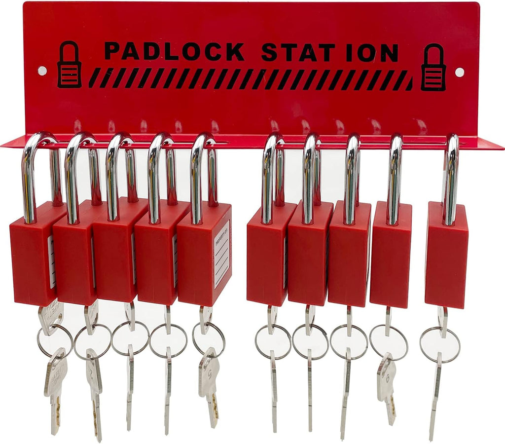 Lockout Tagout Station with 10 Padlocks, 2 Hasps, 20 Tags, 20 Nylon Cables I509033