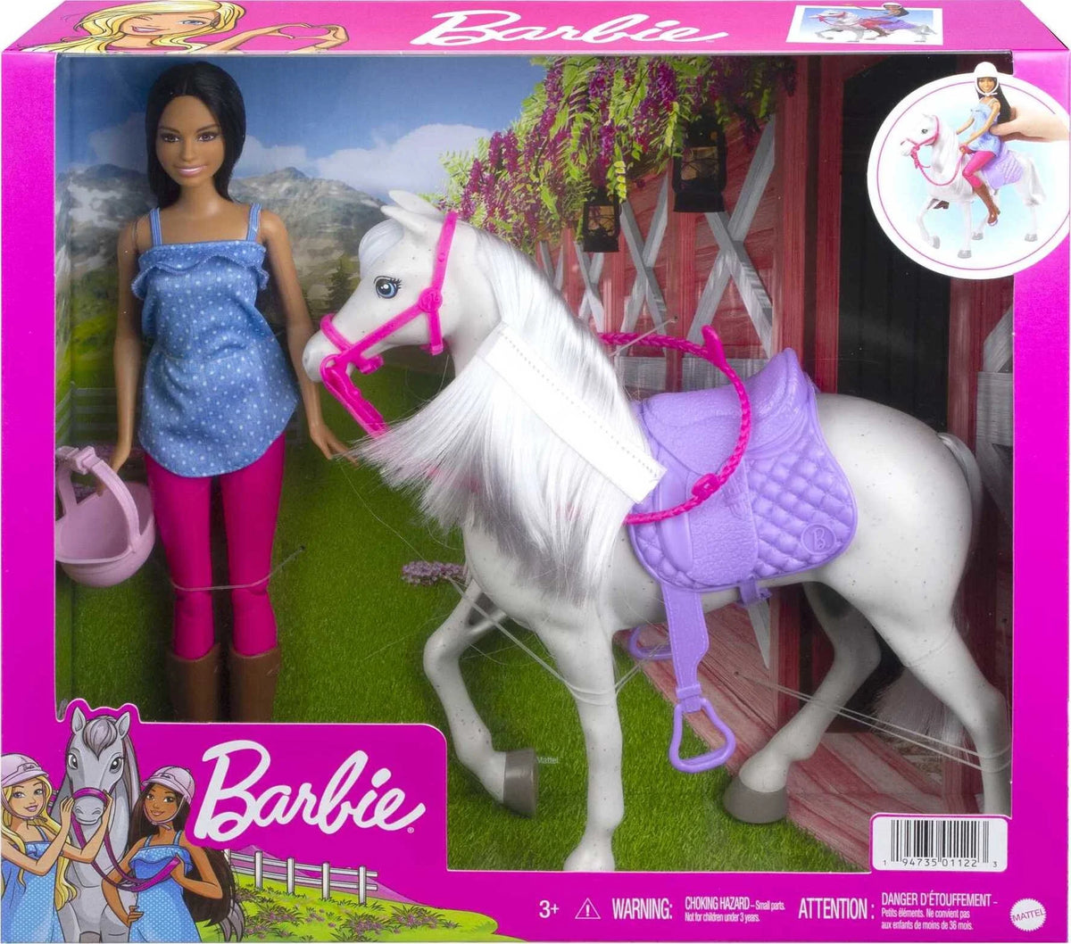 Barbie Doll & Horse Set with Brunette Doll, White Horse, Saddle, Bridle & Reins V302560