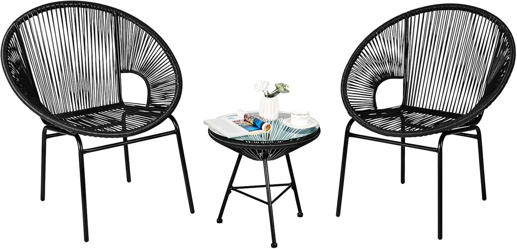 3 Piece Turquoise Outdoor Patio Furniture Set with Plastic Rope and Tempered Glass Table D4296