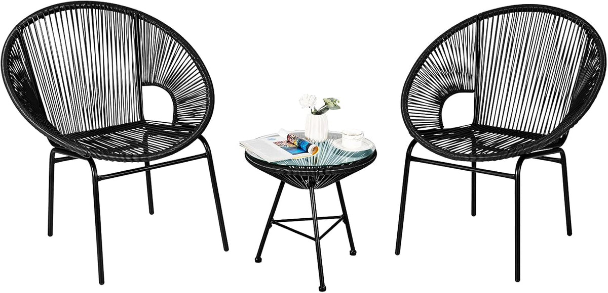 3 Piece Turquoise Outdoor Patio Furniture Set with Plastic Rope and Tempered Glass Table D4296
