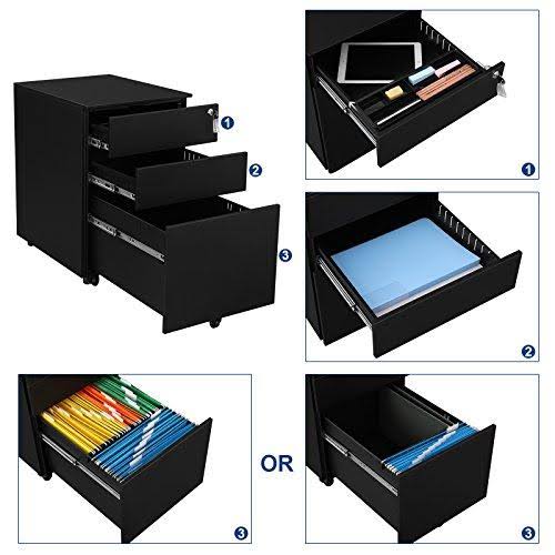 Black Steel 3 Drawer Mobile File Cabinet with Lock I5206