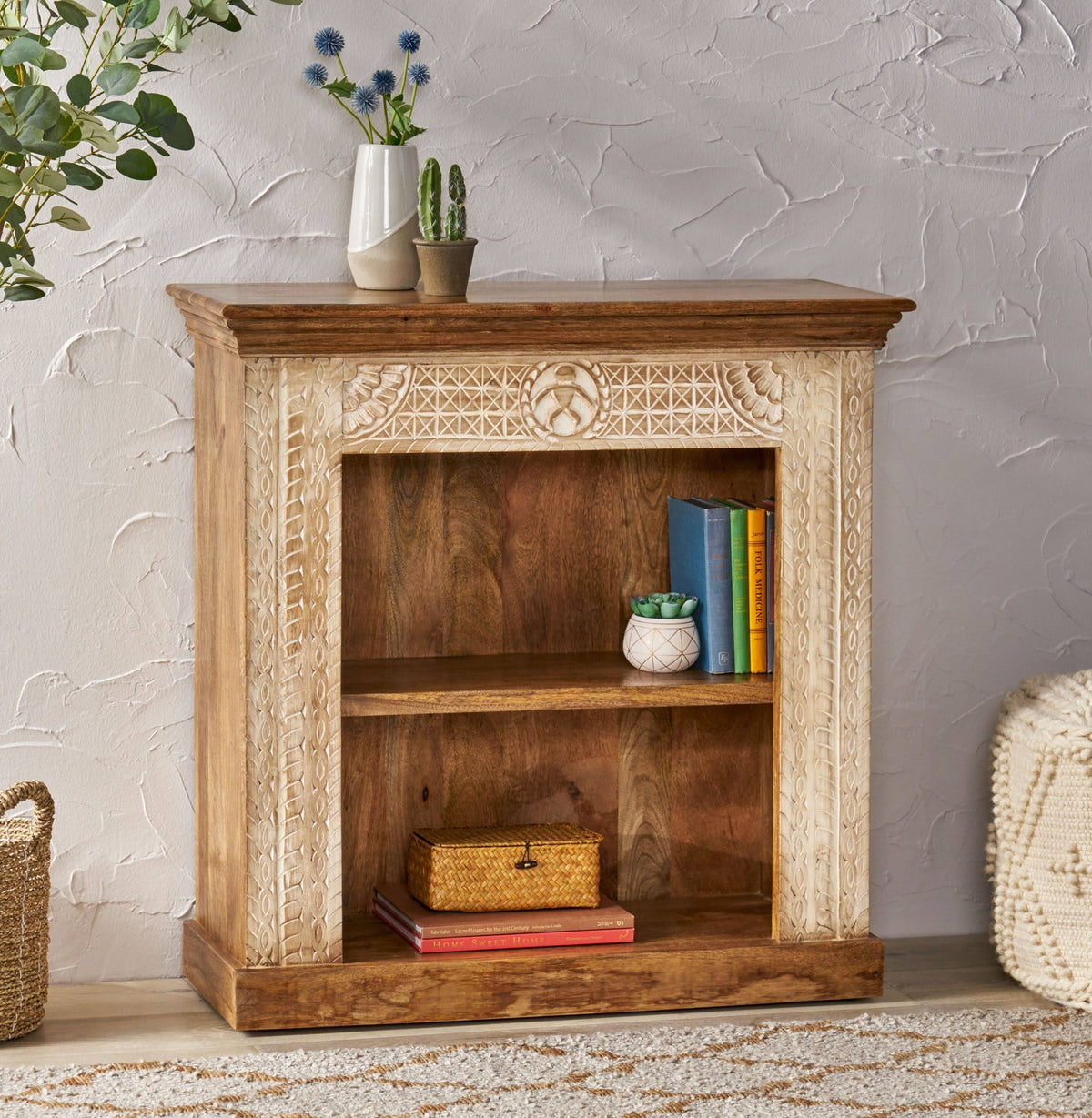 Walnut and Distressed White Mango Wood Bookcase P2737