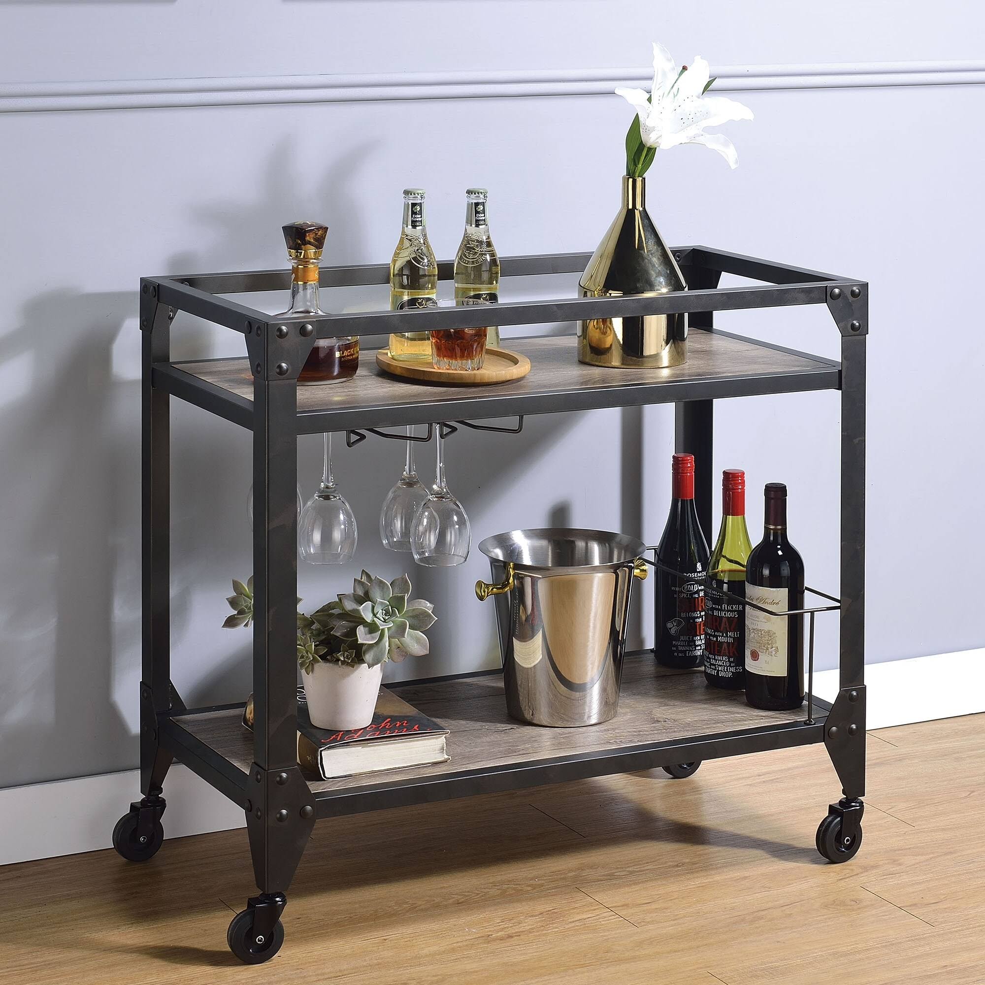 Rustic Oak Charcoal Stainless Steel Serving Cart S954433