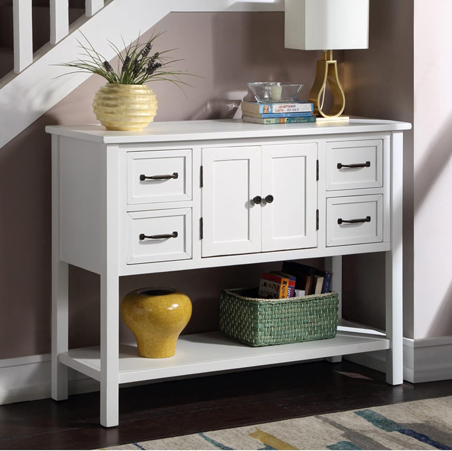 Green Console Table Buffet Sideboard with Storage Drawers Cabinets and Bottom Shelf D604154