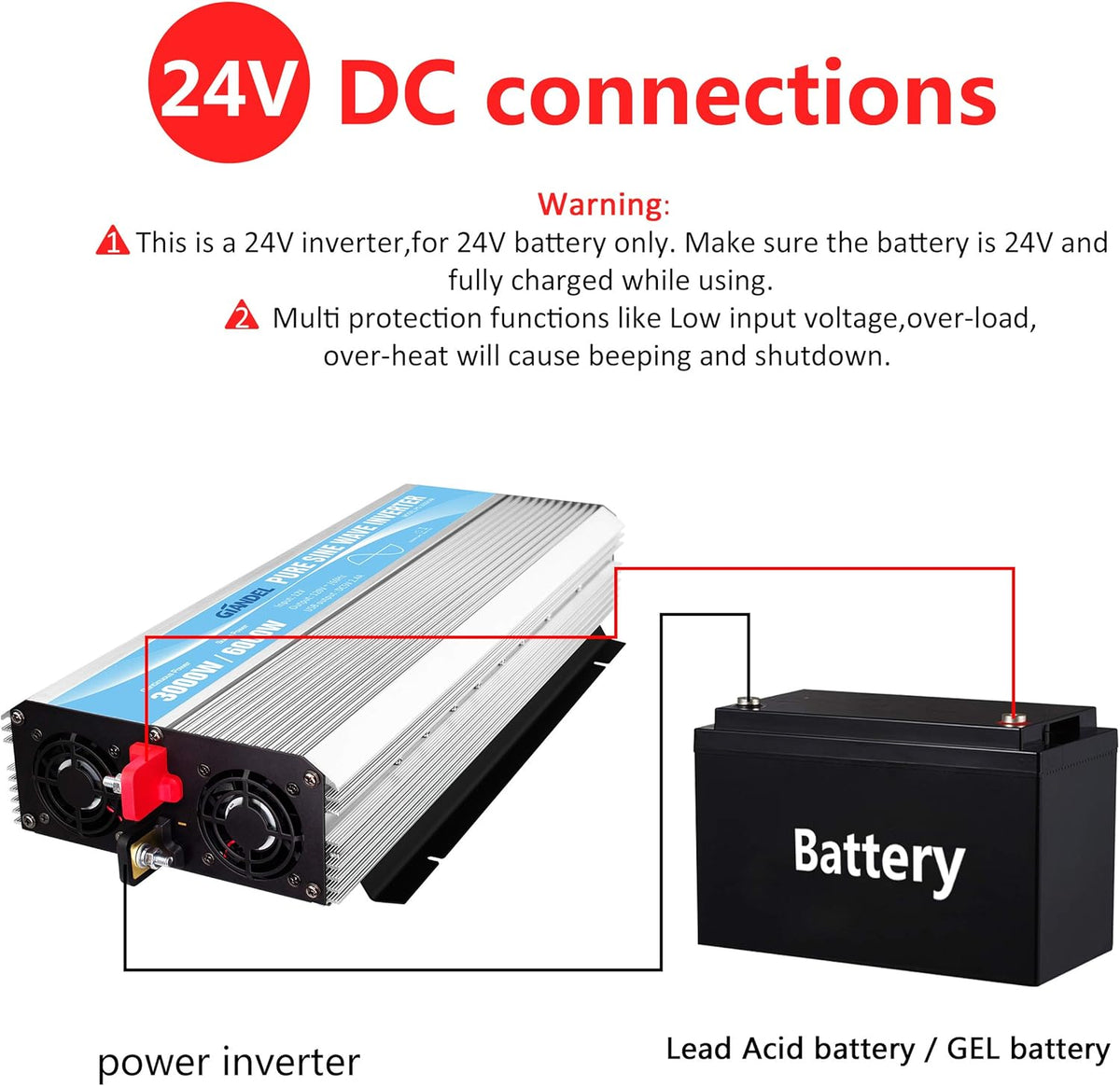 24V 3000Watt Pure Sine Wave Power Inverter DC to AC120V with Dual AC Outlets Remote Control USB LED Display J1199