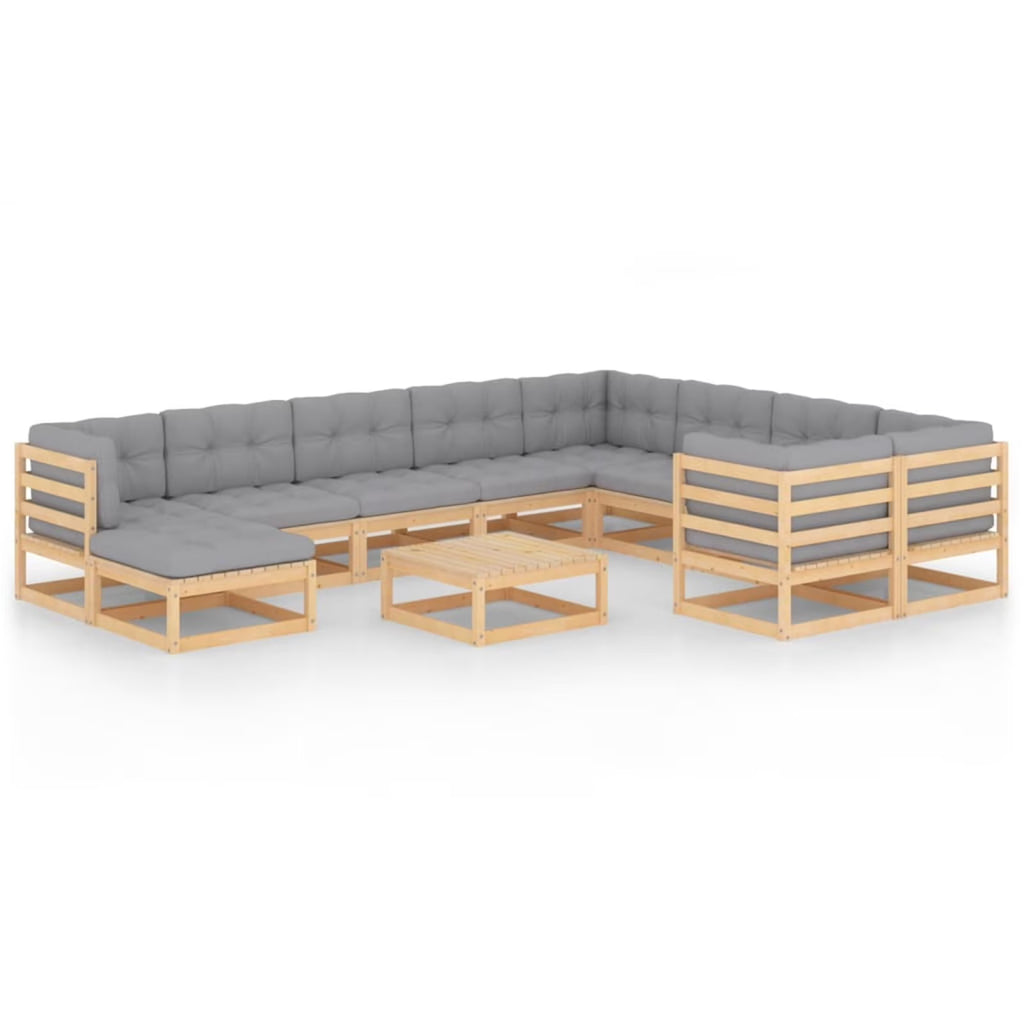 11 Piece Gray Cushioned Pinewood Outdoor Sectional Sofa Set G79459