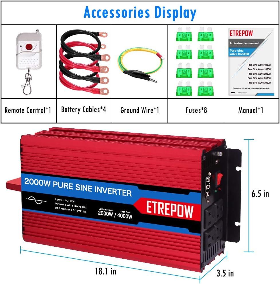 2000 Watt Pure Sine Wave Power Inverter 12V DC to 110V AC Wireless Remote Control K59838