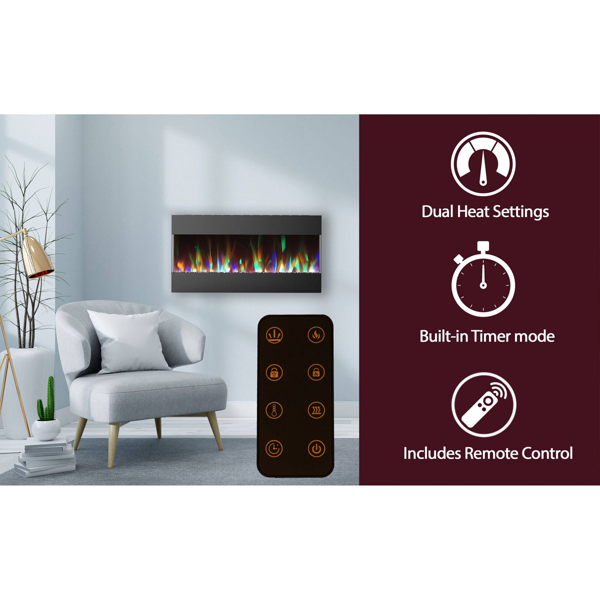 Recessed Wall Mounted Electric Fireplace with Crystal and LED Color Changing Display, Black S992
