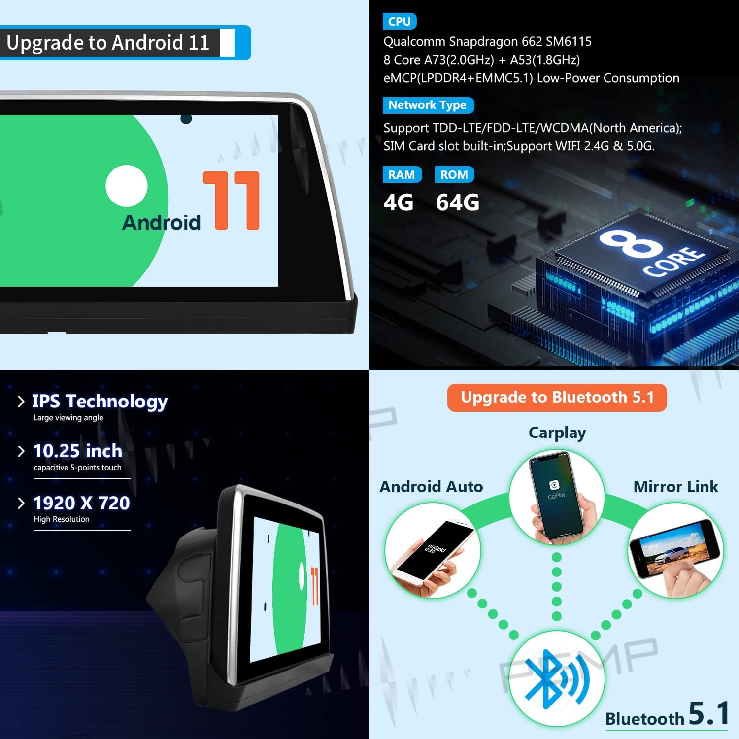 Blue Anti-Glare Vertical Screen 10.25 Android 11 Auto Carplay Snapdragon 662 8 Core 4+64GB for BMW E60 E61 CCC M833622