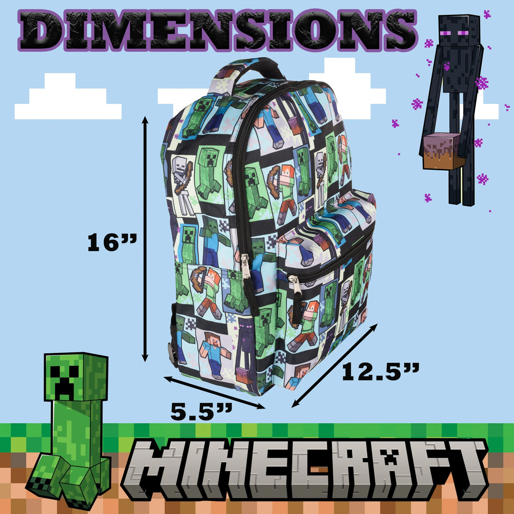 Minecraft Backpack with Front Zip Pocket, Adjustable Padded Mesh Straps, 16 Inches E417187
