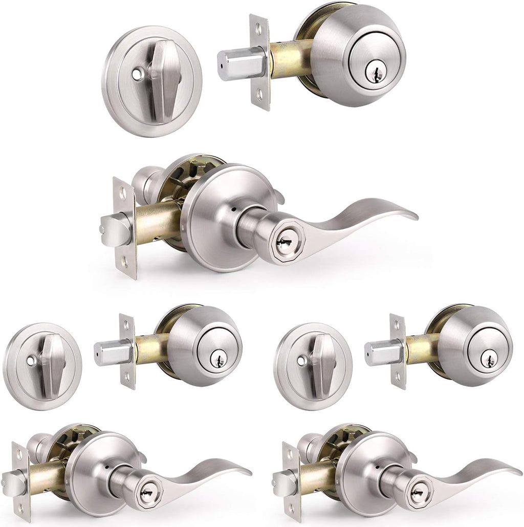 5 Pack Keyed Alike Entry Door Handles Knob with Double Cylinder Deadbolt, Satin Nickel Finish Door Lockset Q8314