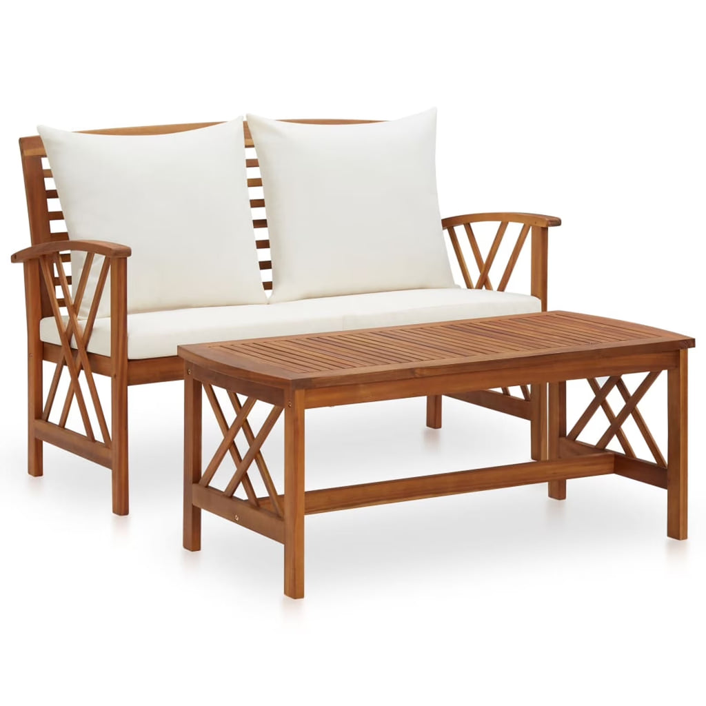 2 Piece Outdoor Conversation Set with White Cushion and Coffee Side Table Acacia Wood Sectional Sofa Set F304581