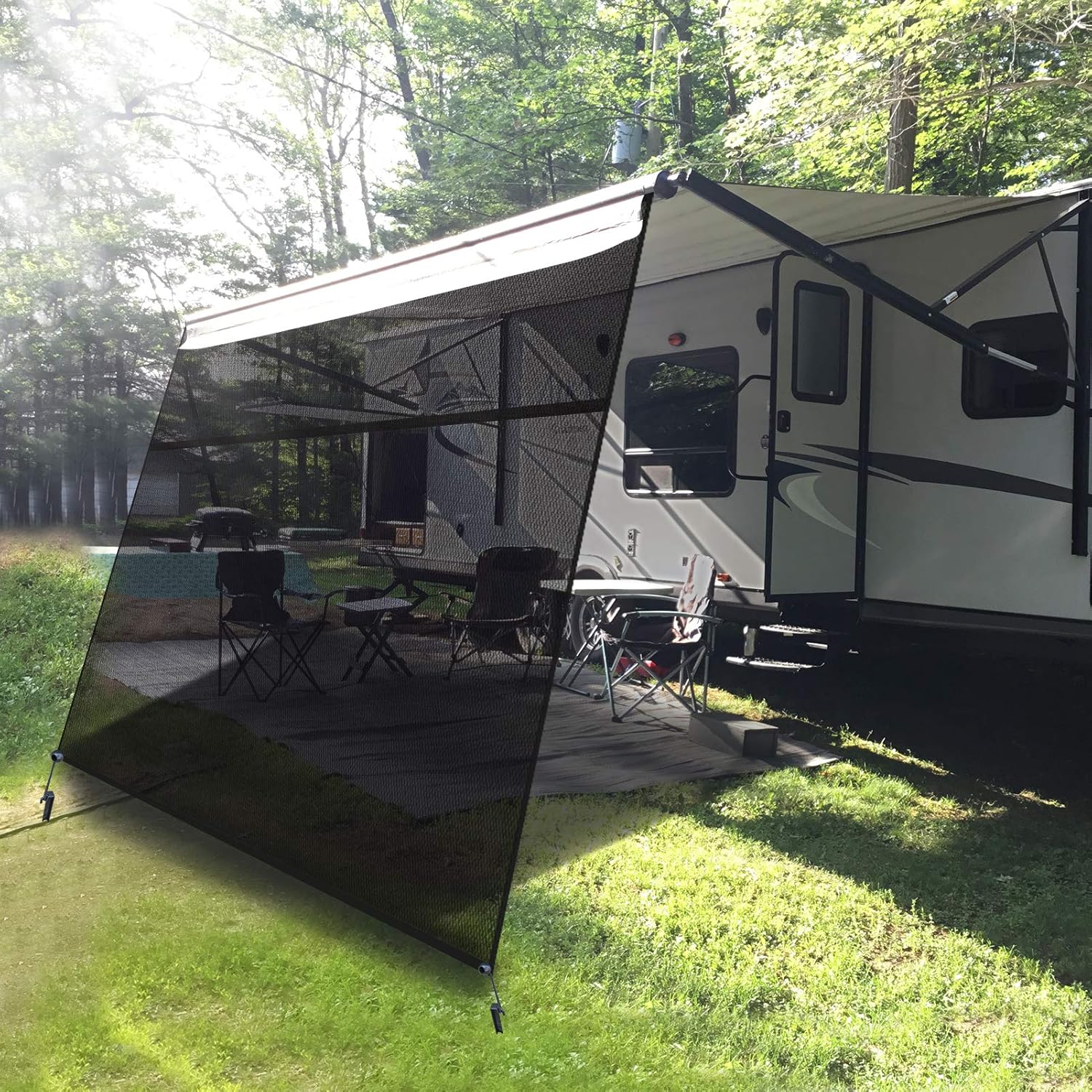 RV Awning Side Shade Black Mesh Screen Sunshade UV Sun Blocker Complete Kits Y586