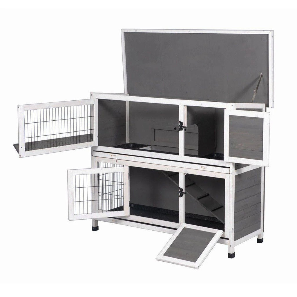 Two Floors Wooden Bunny Hutch Rabbit Cage with Feeding Trough Y818074