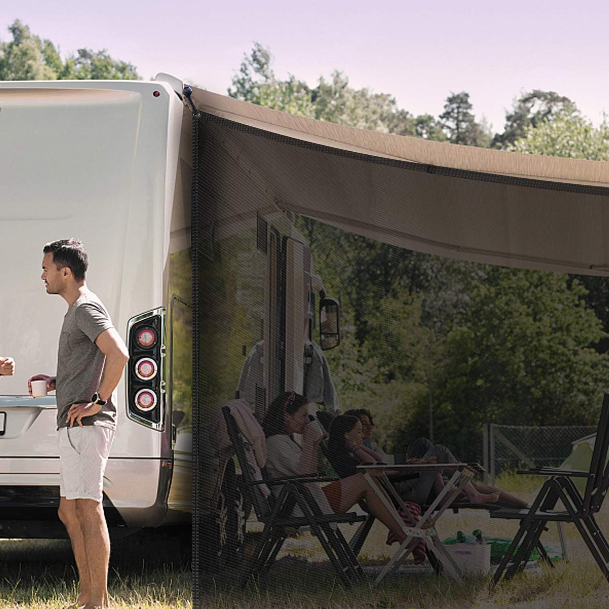 RV Awning Side Shade Black Mesh Screen Sunshade UV Sun Blocker Complete Kits Y586